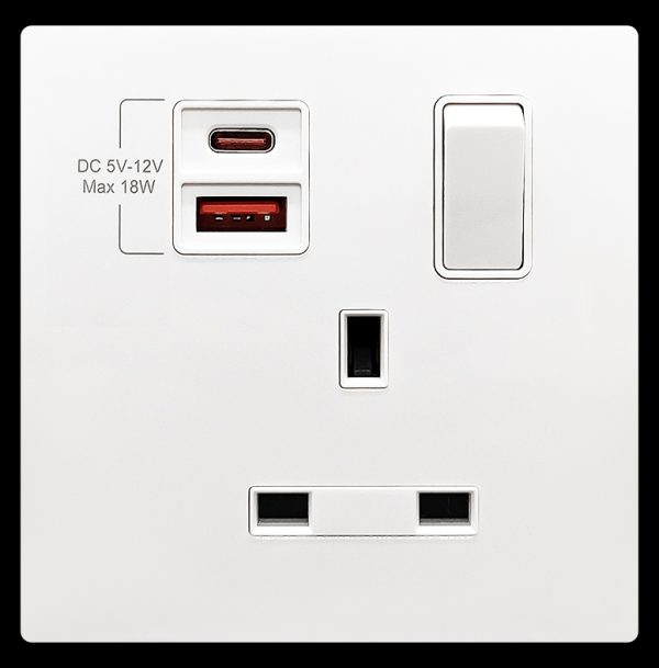 13A 1 Gang Single Pole Switched Socket Outlet with USB TypeA&TypeC (PD/QC)