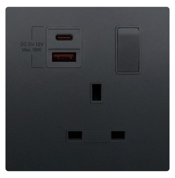 13A 1 Gang Single Pole Switched Socket Outlet with USB TypeA&TypeC (PD/QC)