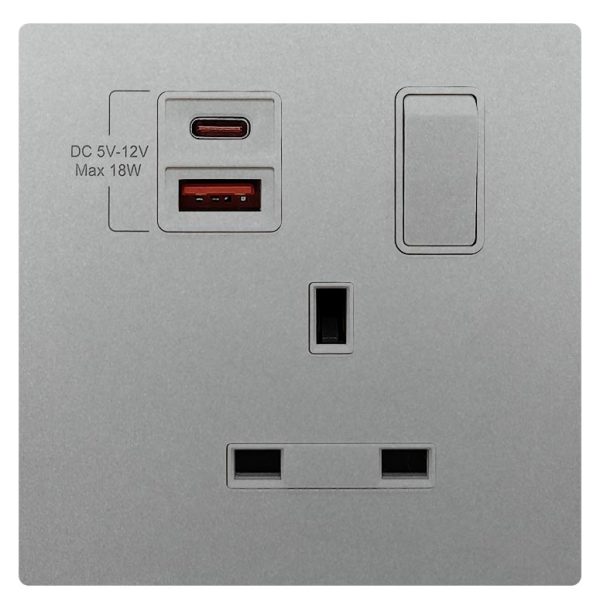 13A 1 Gang Single Pole Switched Socket Outlet with USB TypeA&TypeC (PD/QC)