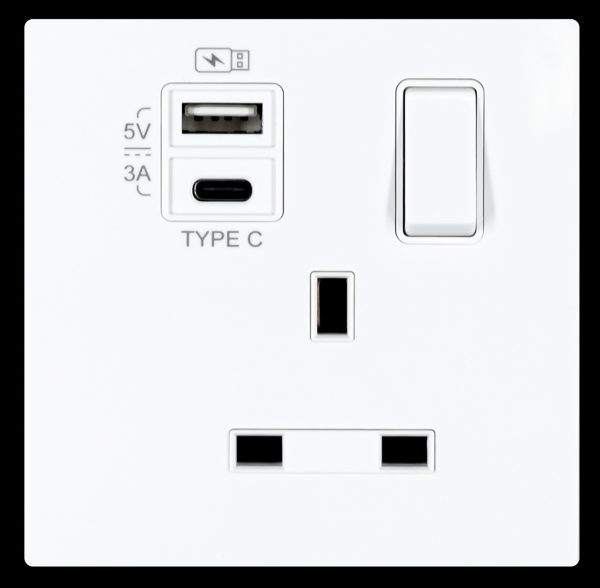 13A 1 Gang Single Pole Switched Socket Outlet with USB TypeA&TypeC