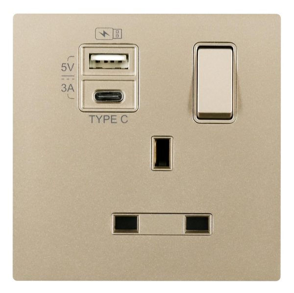 13A 1 Gang Single Pole Switched Socket Outlet with USB TypeA&TypeC