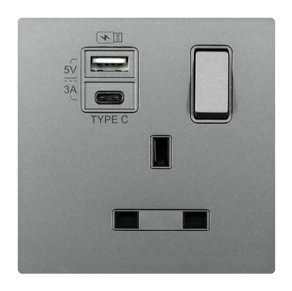 13A 1 Gang Single Pole Switched Socket Outlet with USB TypeA&TypeC