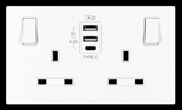 13A 2 Gang Single Pole Switched Socket Outlet with USB  TypeA x 2 & TypeC