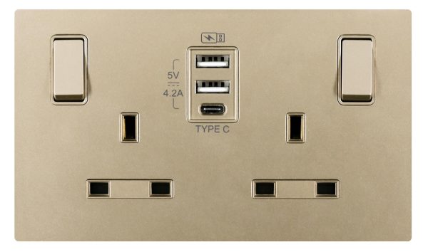 13A 2 Gang Single Pole Switched Socket Outlet with USB  TypeA x 2 & TypeC