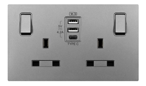 13A 2 Gang Single Pole Switched Socket Outlet with USB  TypeA x 2 & TypeC